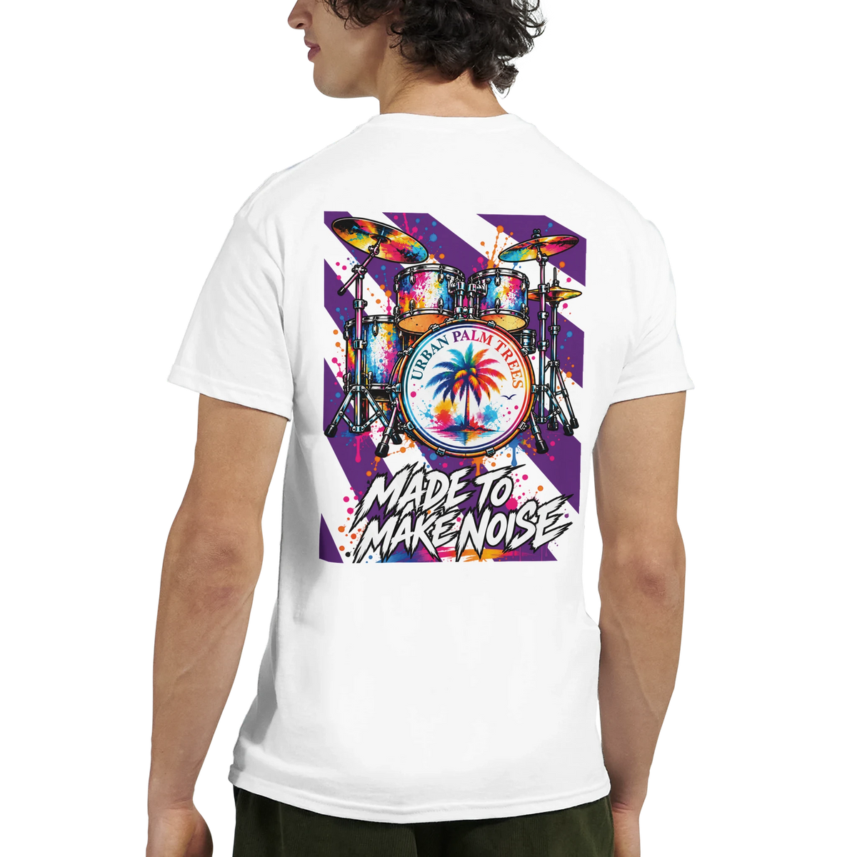 White tee back print featuring a colorful retro drum kit with palm tree graphic and "Made To Make Noise" text.