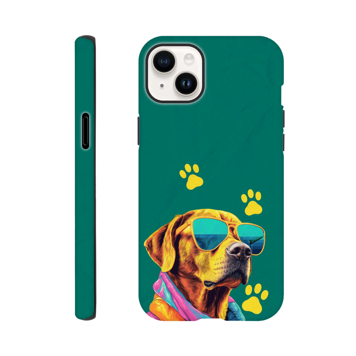 Teal iPhone case featuring a cool dog wearing sunglasses and a scarf with yellow paw prints.