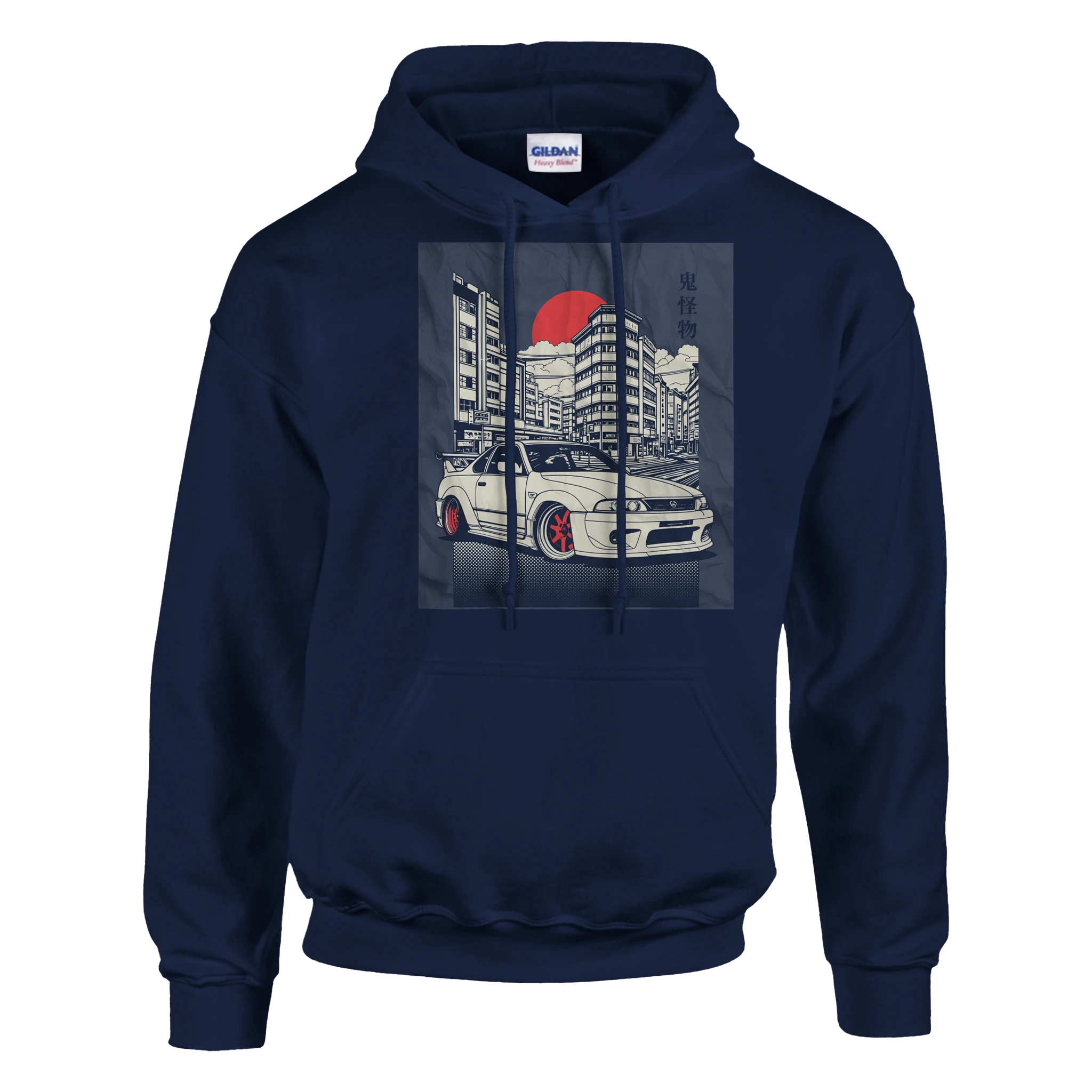 Navy hoodie with a soft cotton blend JDM car print: white sports car in an urban skyline beneath a red sun.