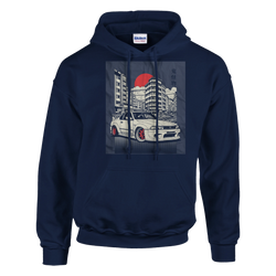 Navy hoodie with a soft cotton blend JDM car print: white sports car in an urban skyline beneath a red sun.