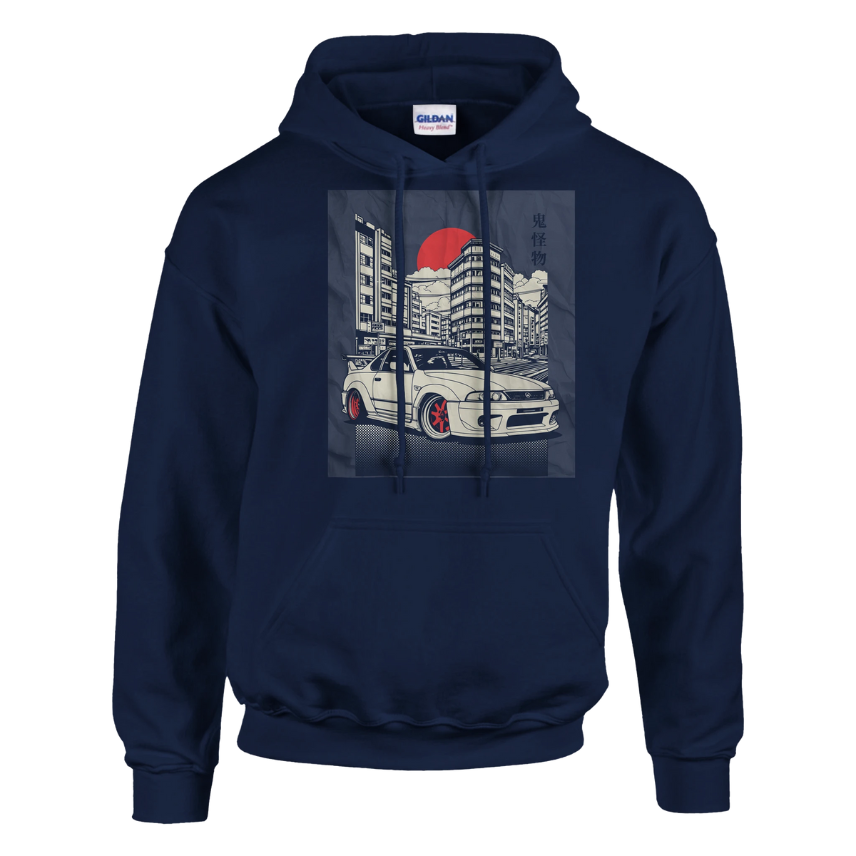 Navy hoodie with a soft cotton blend JDM car print: white sports car in an urban skyline beneath a red sun.
