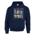 Navy hoodie with a soft cotton blend JDM car print: white sports car in an urban skyline beneath a red sun.