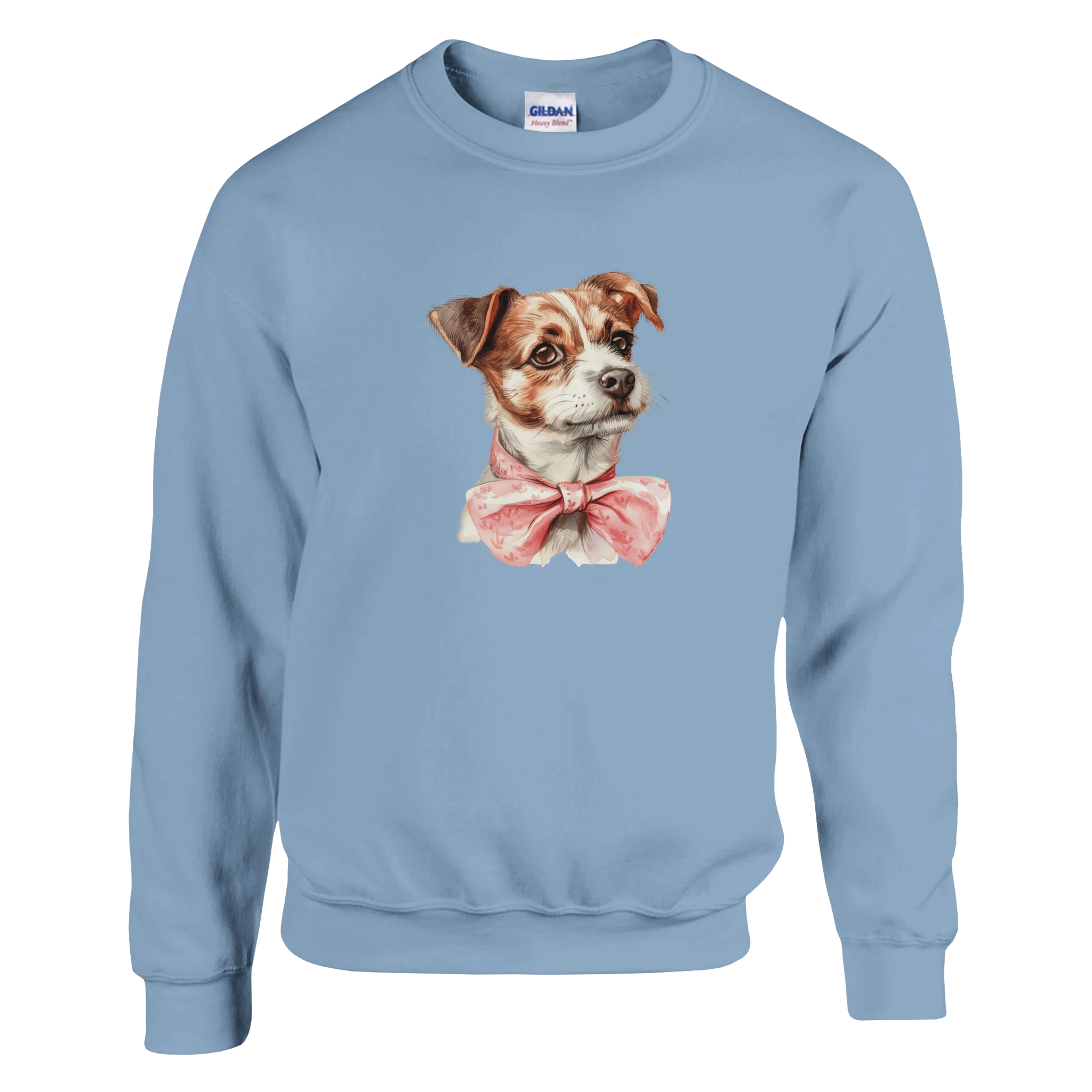 Classic Unisex Crewneck Sweatshirt, Gildan 18000, light blue with dog graphic and pink bow.