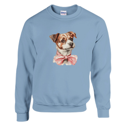 Classic Unisex Crewneck Sweatshirt, Gildan 18000, light blue with dog graphic and pink bow.