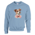 Classic Unisex Crewneck Sweatshirt, Gildan 18000, light blue with dog graphic and pink bow.