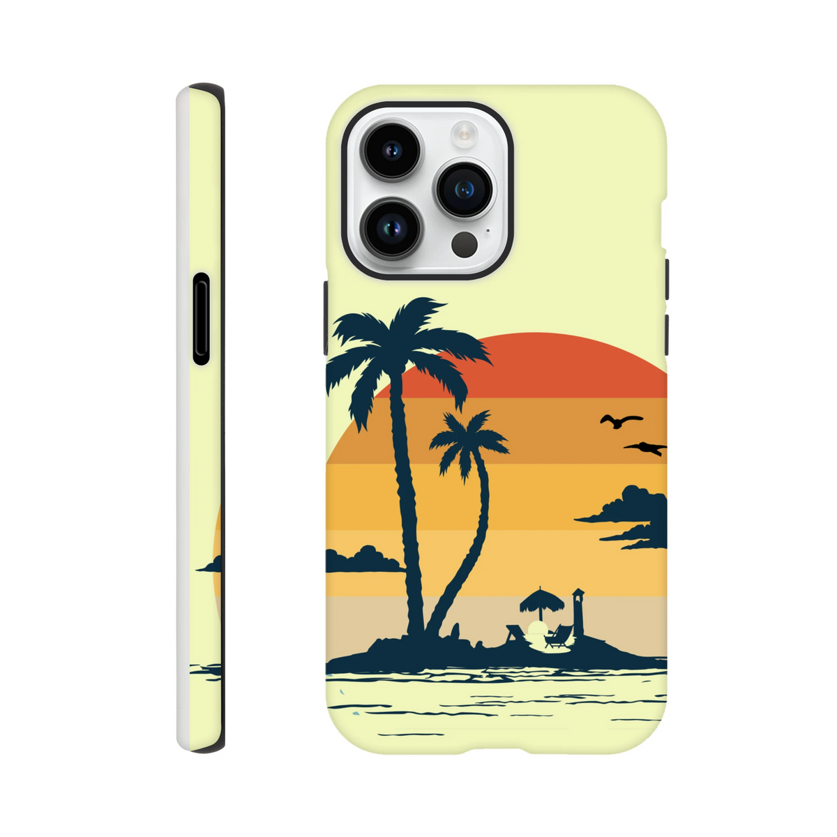 Retro Tropical Sunset Palm Tree Tough iPhone Case (13-16) Beach Cover with wraparound palm design and drop protection.