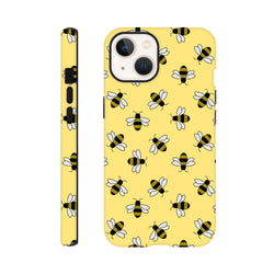 Yellow iPhone case featuring a cute repeating bumble bee pattern with black stripes and white wings for everyday protection.
