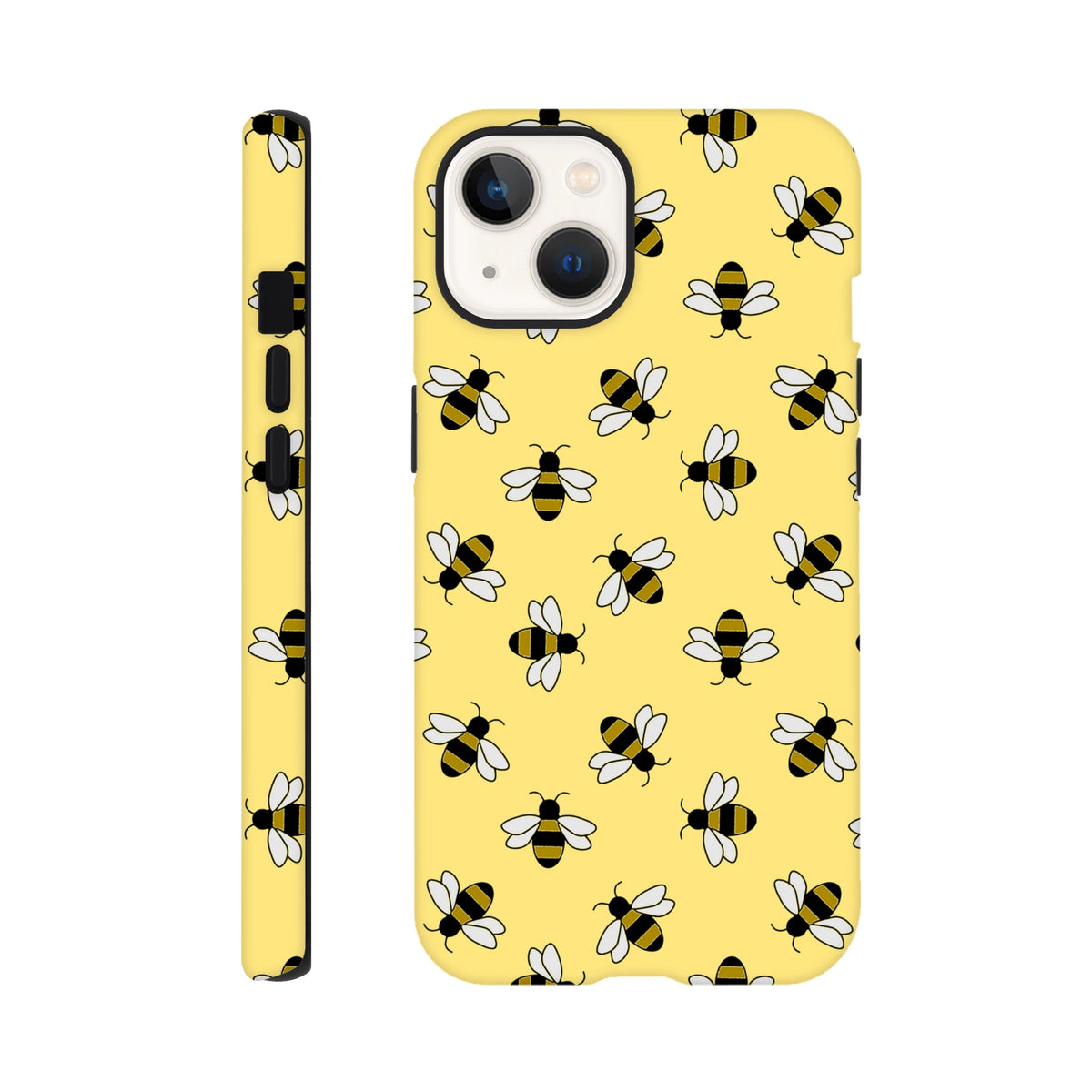 Yellow iPhone case featuring a cute repeating bumble bee pattern with black stripes and white wings for everyday protection.
