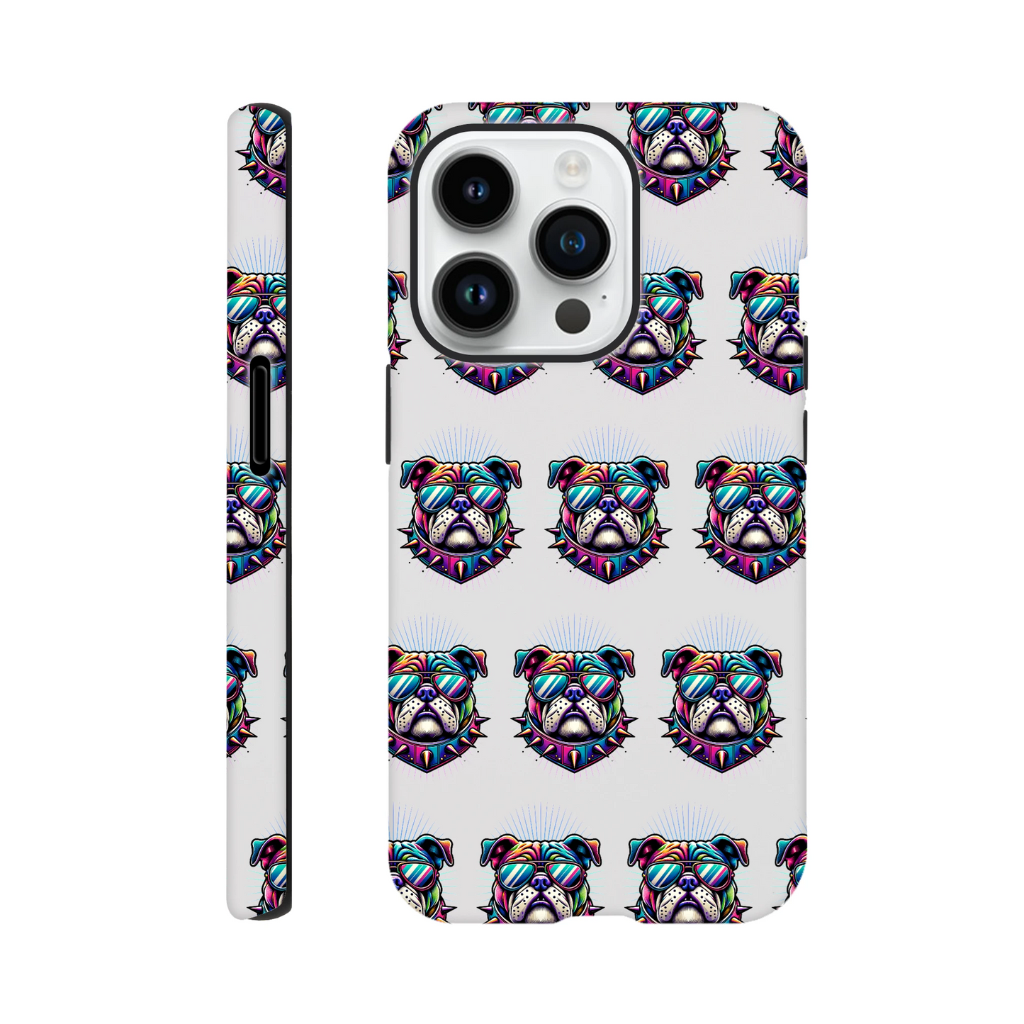 Bulldog phone case with glossy dual-layer wraparound print; colorful bulldog faces wearing sunglasses for iPhone 16–13.