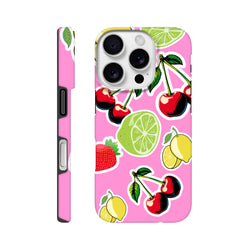 Pink tough iPhone case featuring a vibrant sticker effect design with cherries, limes, lemons, and strawberries.