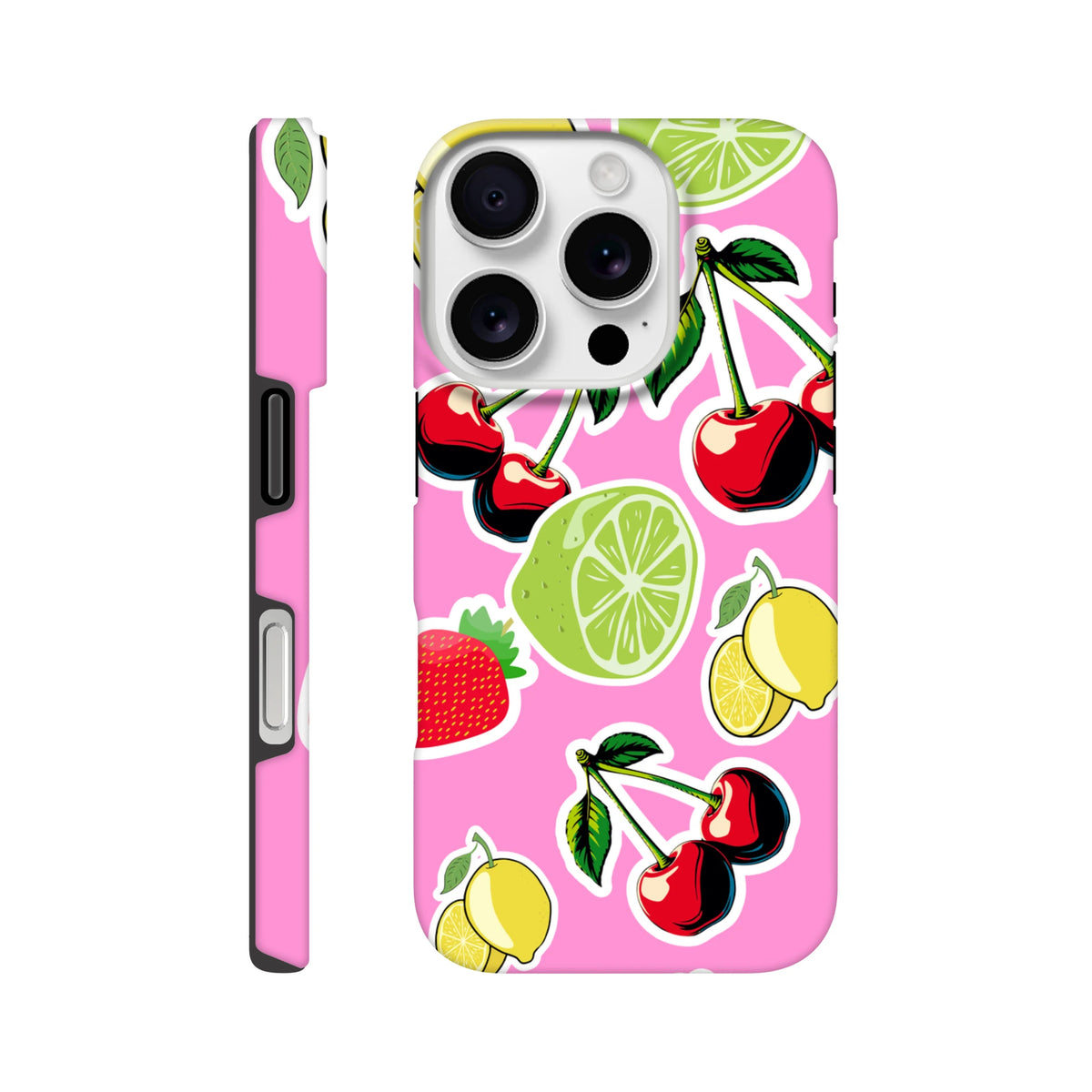 Pink tough iPhone case featuring a vibrant sticker effect design with cherries, limes, lemons, and strawberries.