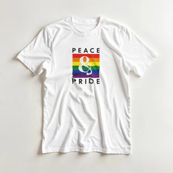 White Pride LGBTQ men's graphic T-shirt with rainbow flag and ampersand, Peace & Pride design