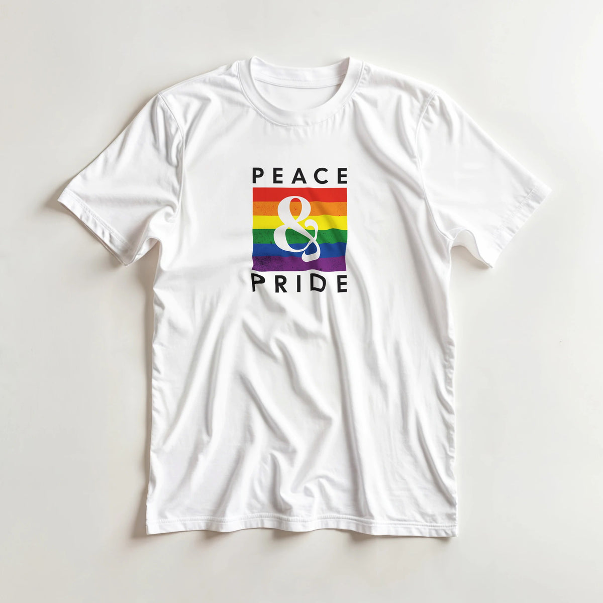White Pride LGBTQ men's graphic T-shirt with rainbow flag and ampersand, Peace & Pride design
