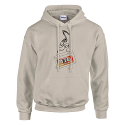 Beige hooded pullover featuring a retro cassette tape graphic labeled 90s Hits with unspooling black tape art.