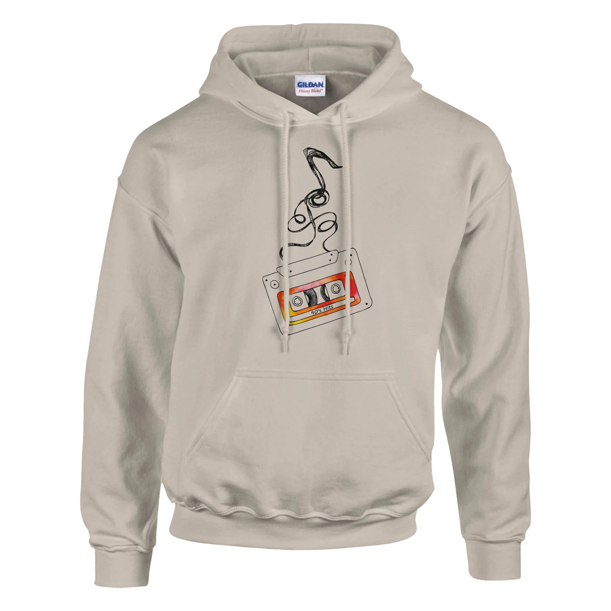 Beige hooded pullover featuring a retro cassette tape graphic labeled 90s Hits with unspooling black tape art.