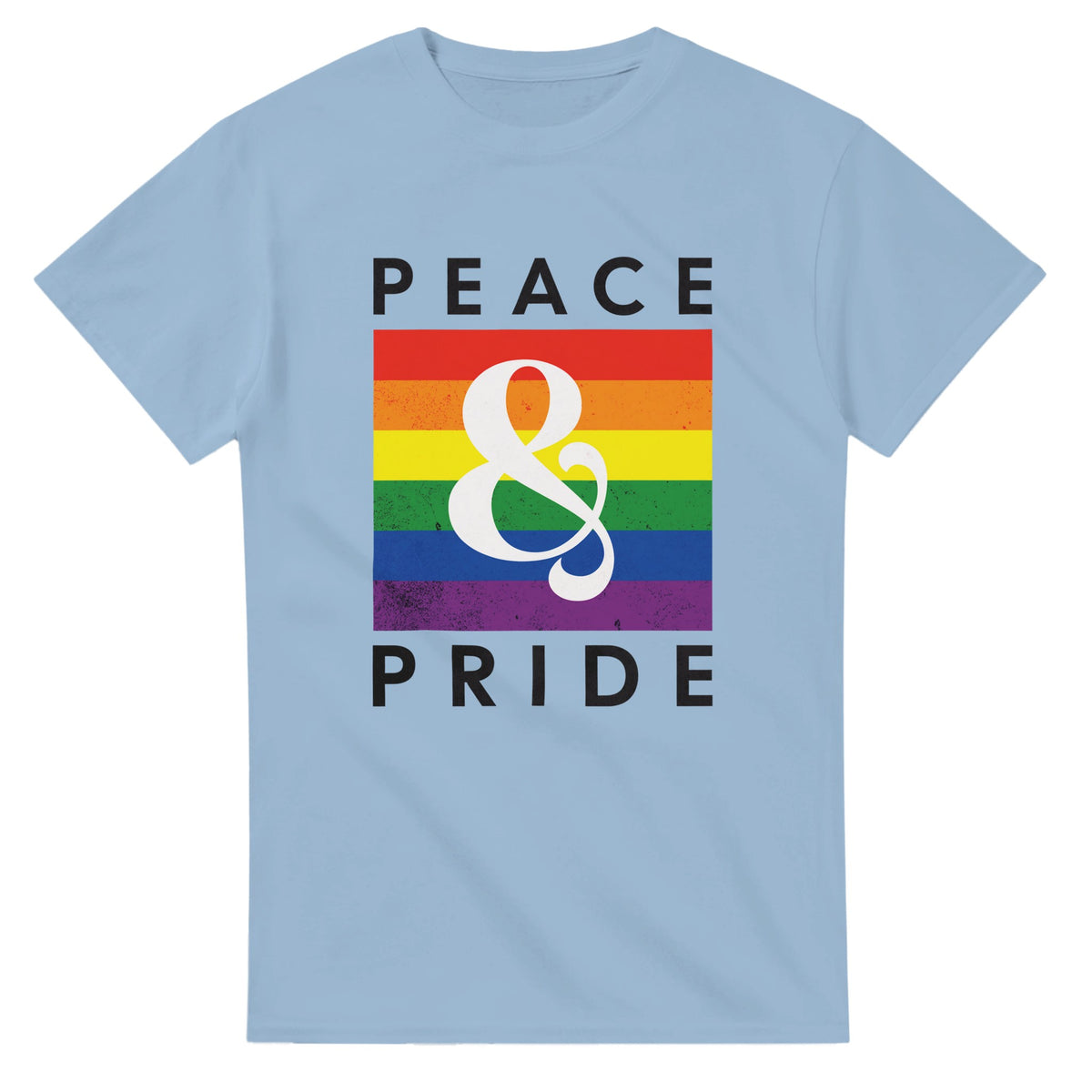 Light blue women's Pride T-shirt in soft cotton blend with rainbow square, white ampersand, and PEACE PRIDE text.