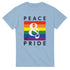Light blue women's Pride T-shirt in soft cotton blend with rainbow square, white ampersand, and PEACE PRIDE text.