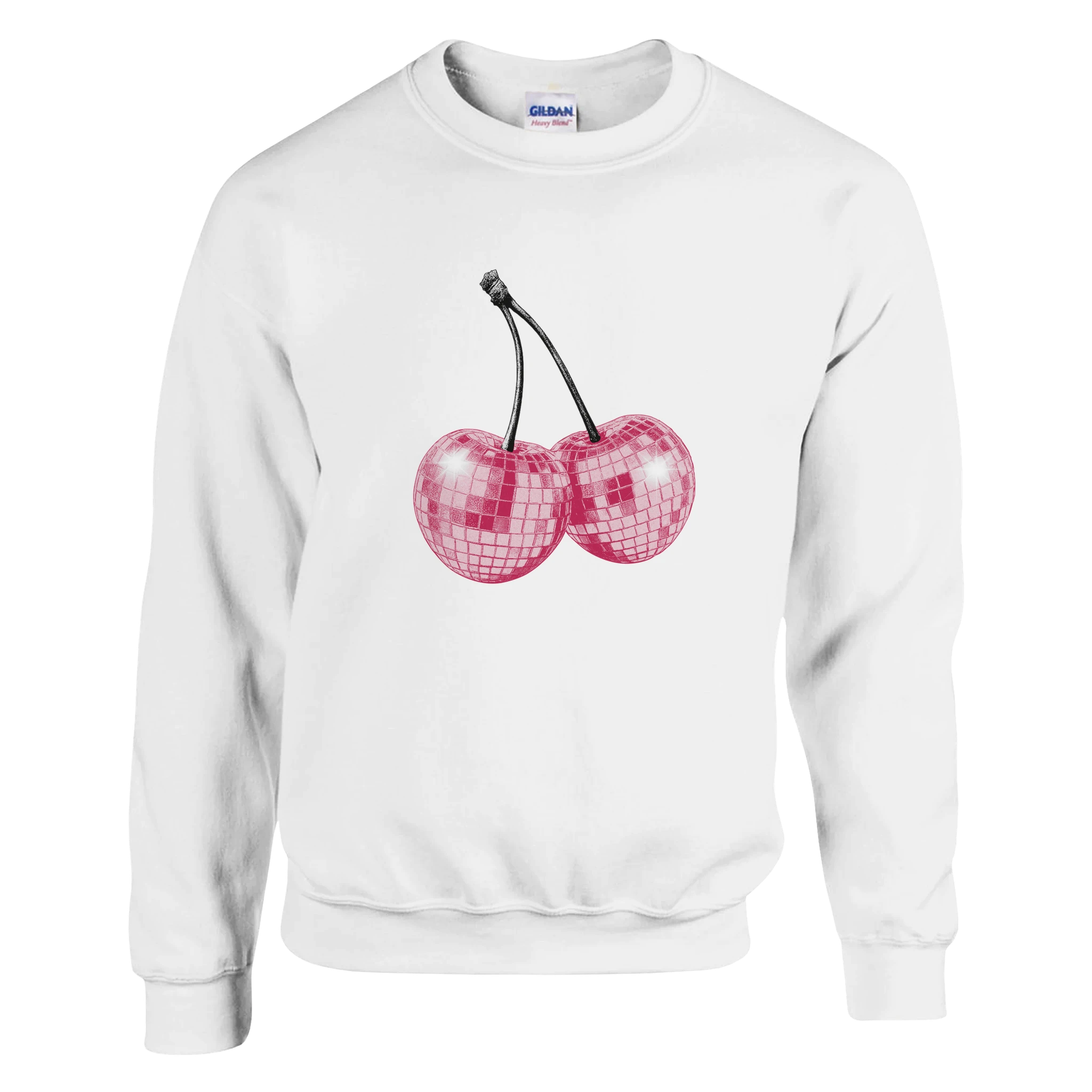 White sweatshirt with pastel pink glitter cherries graphic, Y2K-inspired cosy top.