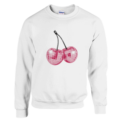 White sweatshirt with pastel pink glitter cherries graphic, Y2K-inspired cosy top.