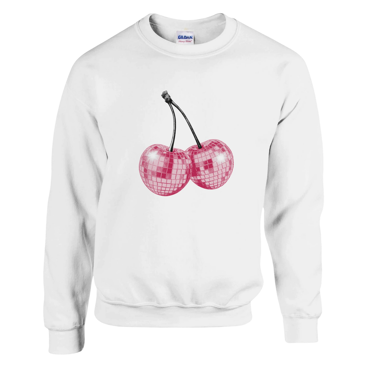 White sweatshirt with pastel pink glitter cherries graphic, Y2K-inspired cosy top.