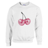 White sweatshirt with pastel pink glitter cherries graphic, Y2K-inspired cosy top.