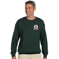 Man wearing dark green sweatshirt with colorful Urban Palm Trees Full Send palm tree graphic on chest.