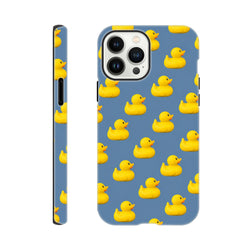 Blue iPhone case featuring a playful pattern of yellow kawaii rubber ducks for tough protection and streetwear style.