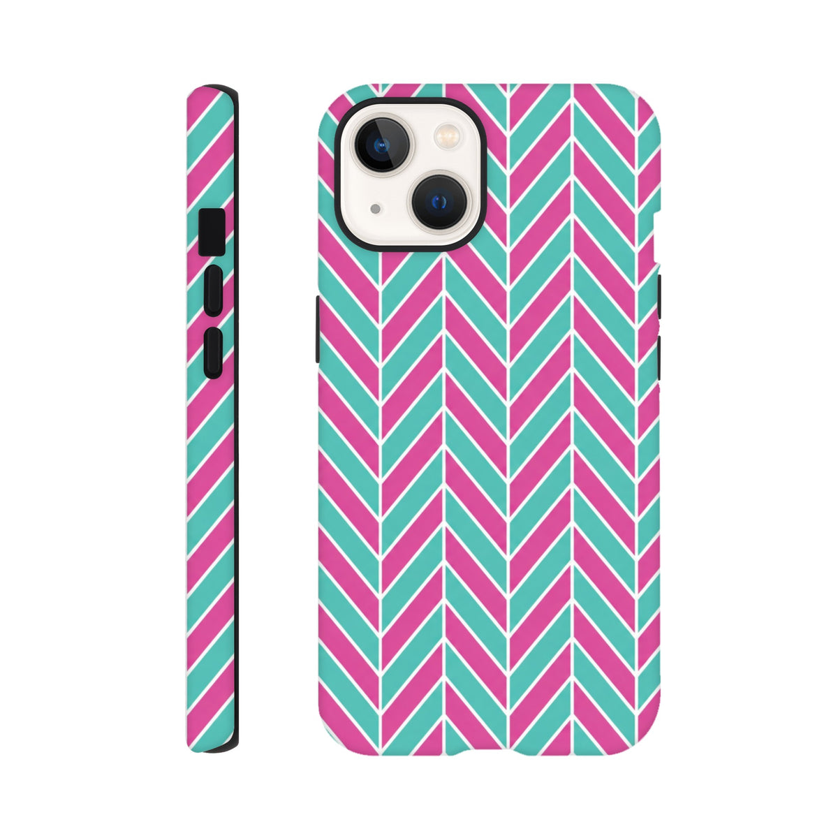 Pink and turquoise herringbone iPhone case with bold geometric chevron pattern and tough protective cover for commuting.