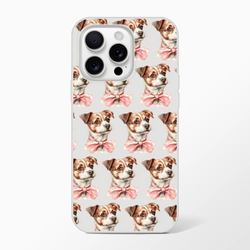 Frosty transparent case featuring repeating dog faces with pink bows for iPhone 13-16