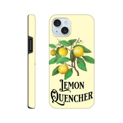 Vintage lemon tough iPhone case featuring a retro botanical illustration and "Lemon Quencher" text on a pale yellow background.