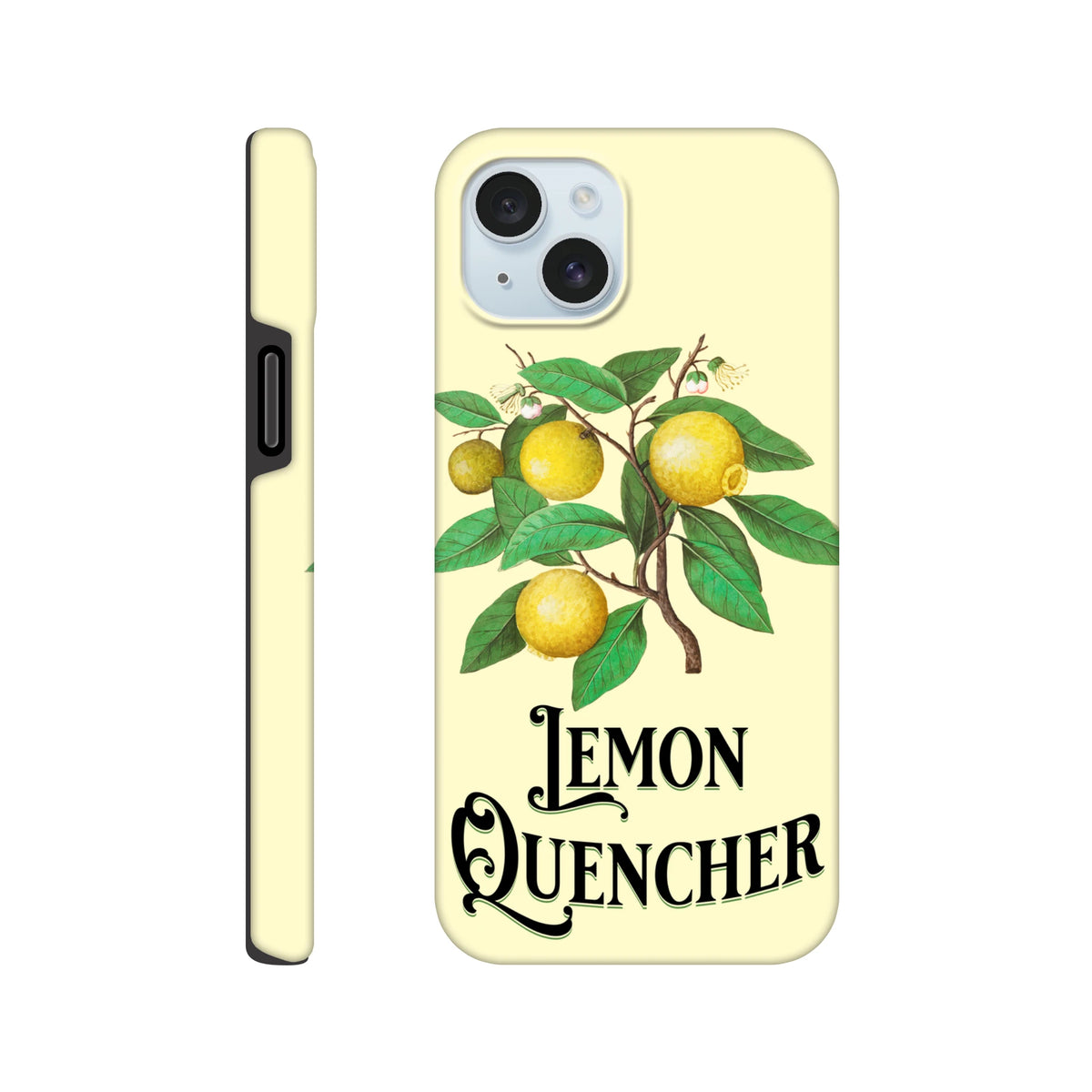 Vintage lemon tough iPhone case featuring a retro botanical illustration and "Lemon Quencher" text on a pale yellow background.
