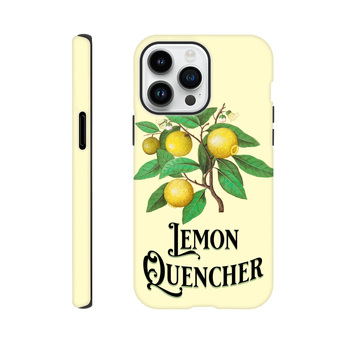 Vintage lemon tough iPhone case featuring a retro botanical branch illustration and "Lemon Quencher" script typography on a pale yellow background.