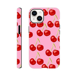 Pink iPhone case featuring a cute red cherry print wrapping around the edges for a bold, street-ready look.