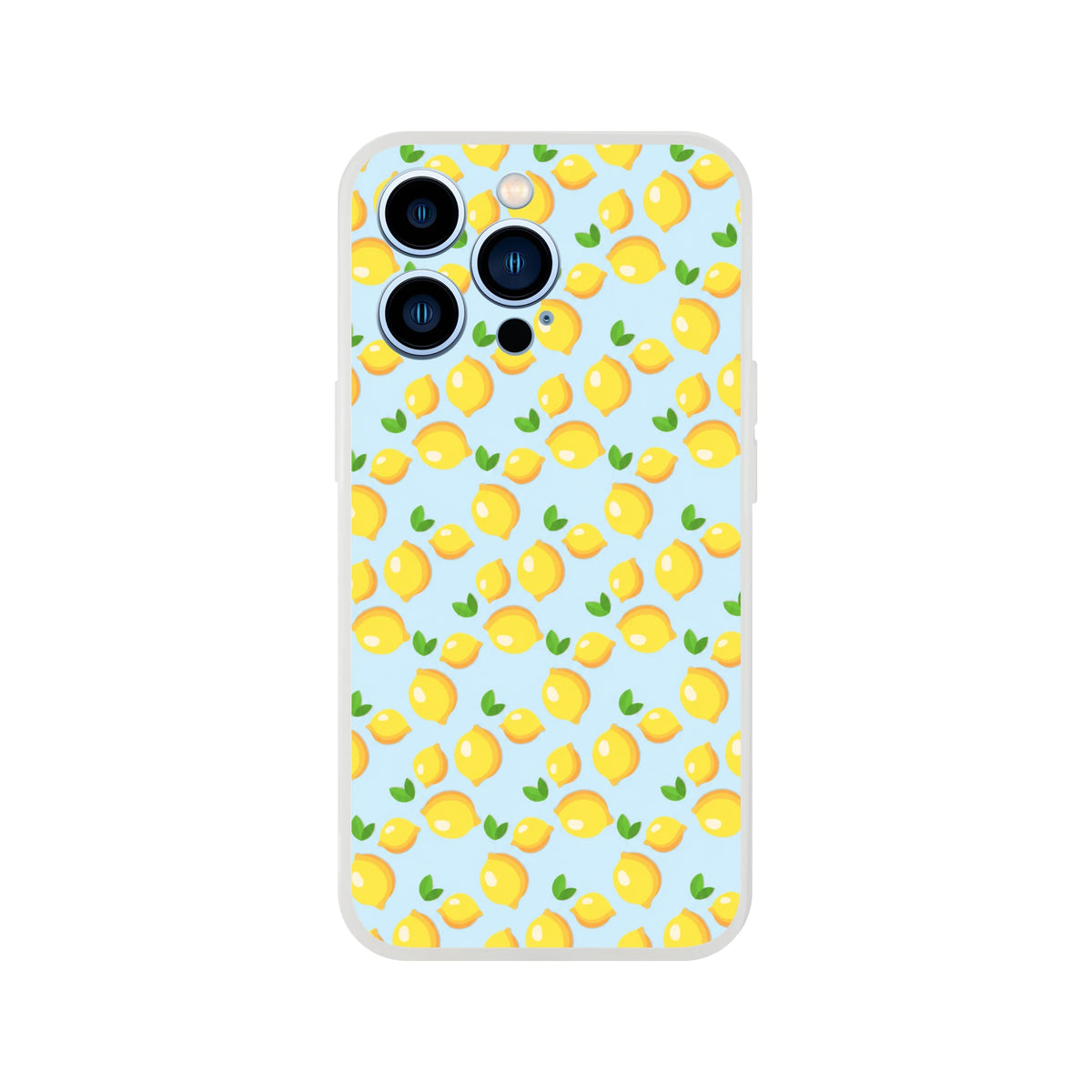 Blue lemon-pattern iPhone case for 13–16, citrus-inspired, slim matte finish.