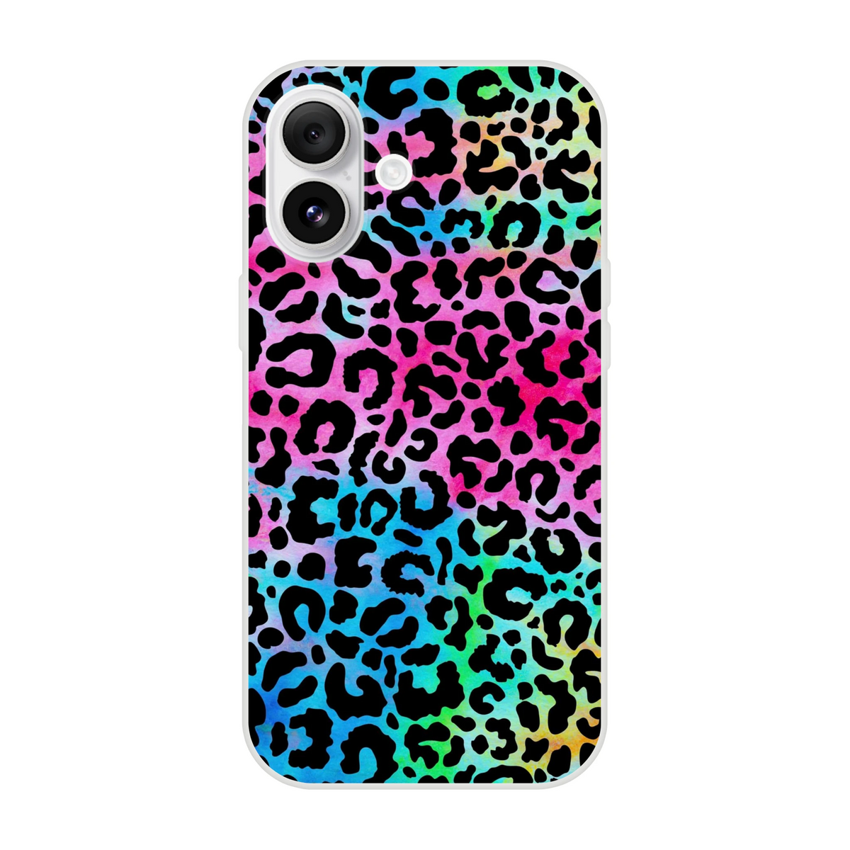 Rainbow leopard print iPhone case (13-16) with slim matte finish.