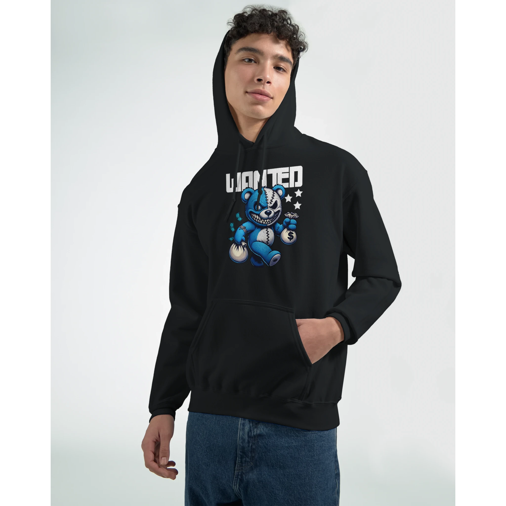 Black men's Wanted Teddy Bear Hoodie with a blue bear graphic and front pocket