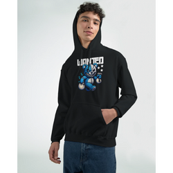 Black men's Wanted Teddy Bear Hoodie with a blue bear graphic and front pocket