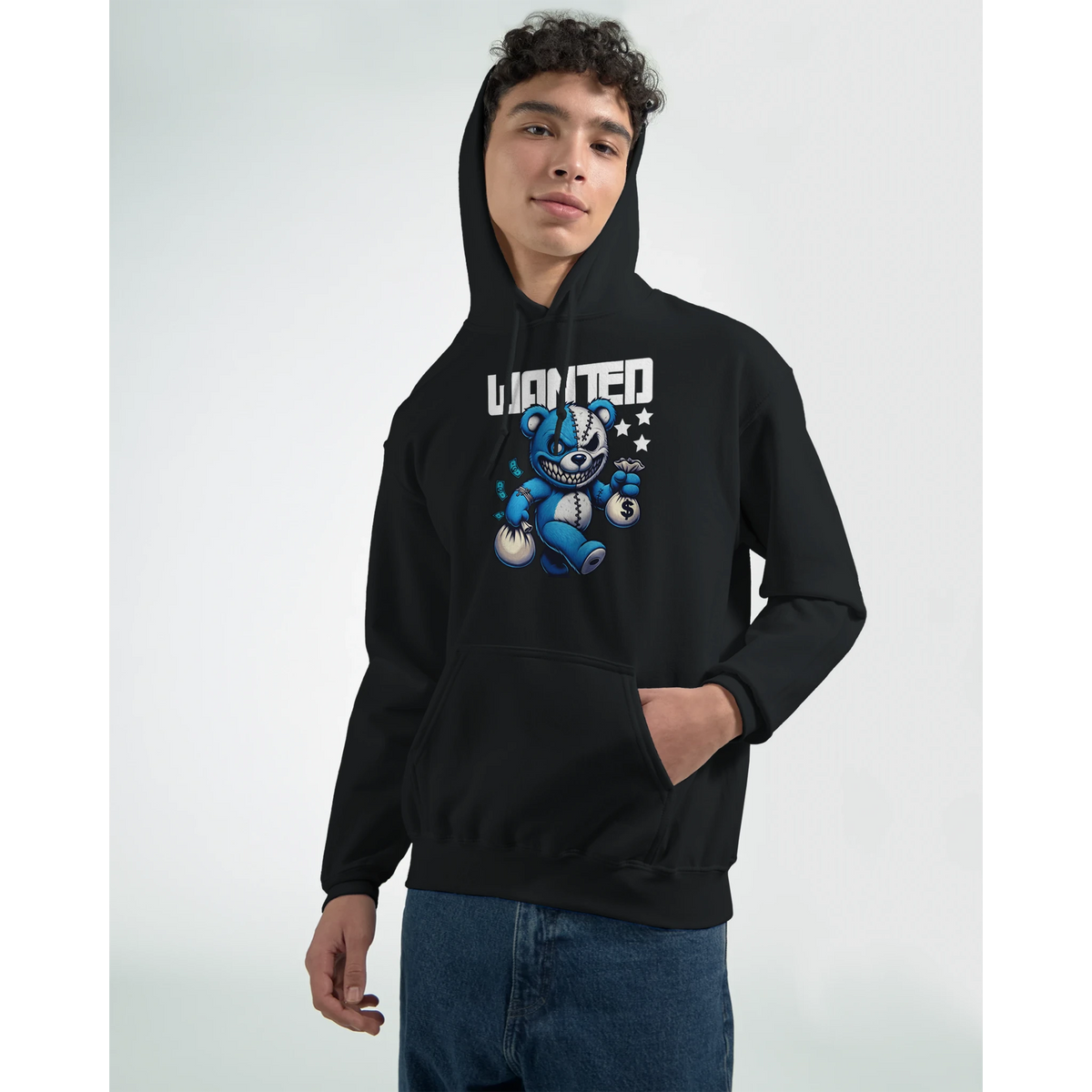 Black men's Wanted Teddy Bear Hoodie with a blue bear graphic and front pocket