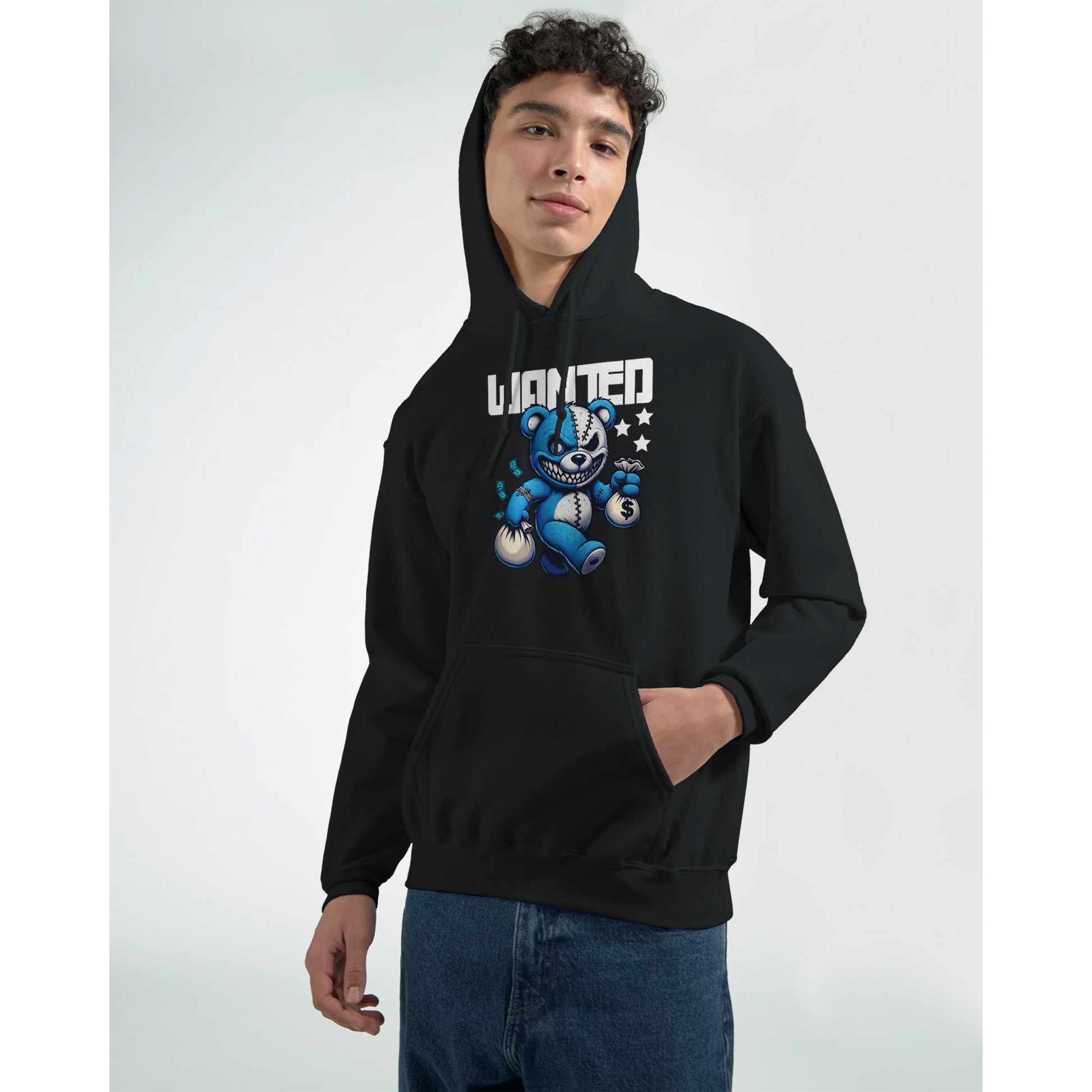 Person wearing a black men's teddy bear hoodie with a graphic design on a white background. 5