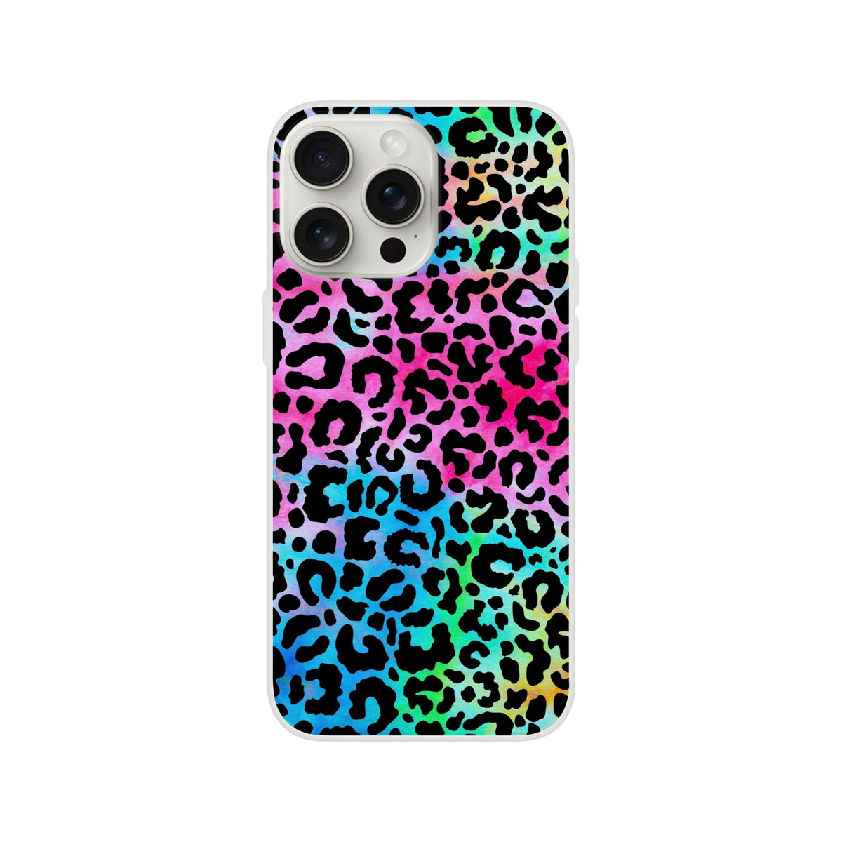 Rainbow leopard-print iPhone case (13-16) with a slim matte finish.