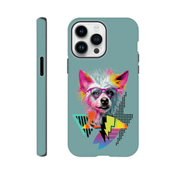 Teal tough iPhone case featuring a vibrant retro pop art dog with pink glasses, lightning bolts, and geometric Memphis patterns.