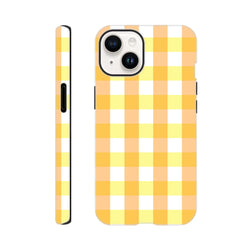 Retro yellow gingham checkered tough iPhone case with bold grid pattern and black protective bumper for secure everyday urban protection.