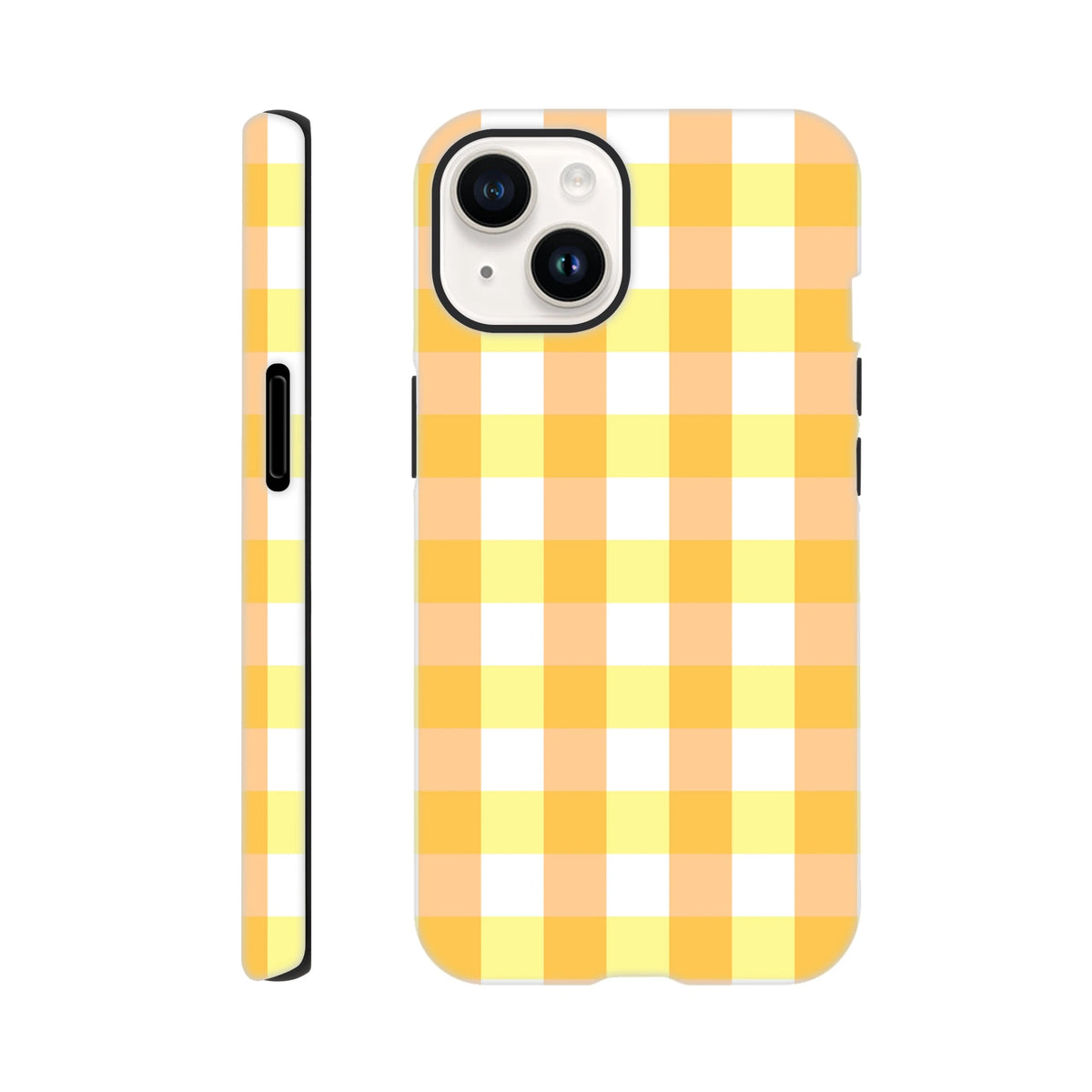 Retro yellow gingham checkered tough iPhone case with bold grid pattern and black protective bumper for secure everyday urban protection.