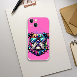 Y2K Bulldog iPhone case in bright pink with retro dog art and sunglasses for iPhone 13–16.