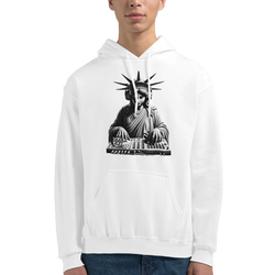 Liberty DJ Men's Graphic Hoodie with Statue of Liberty DJ graphic on white 50/50 cotton-poly blend.