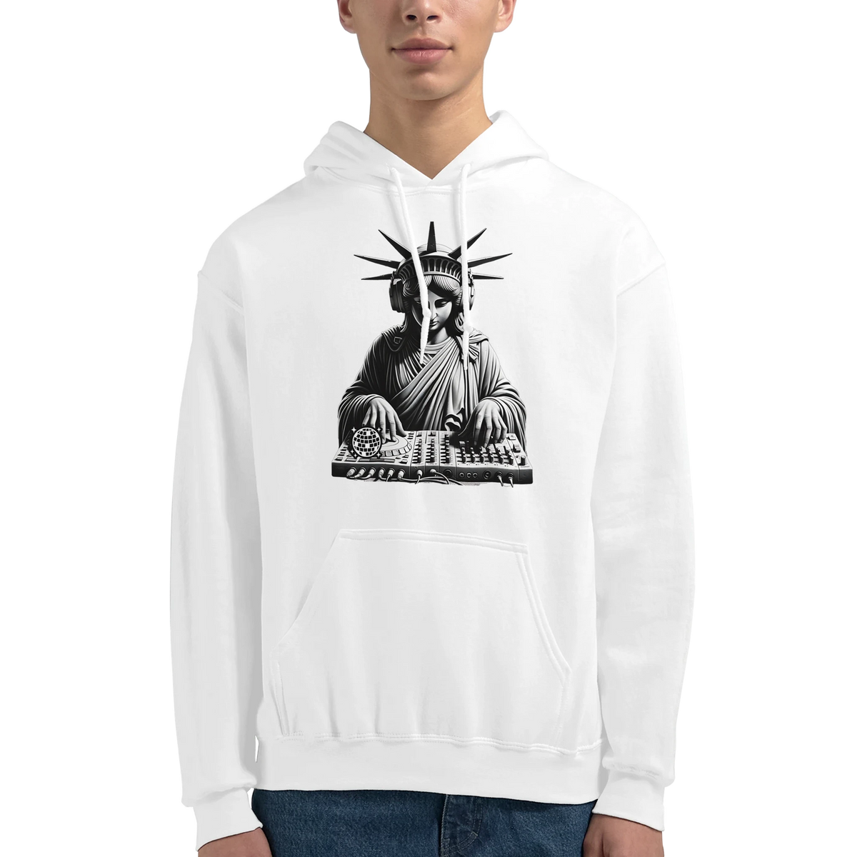Liberty DJ Men's Graphic Hoodie with Statue of Liberty DJ graphic on white 50/50 cotton-poly blend.