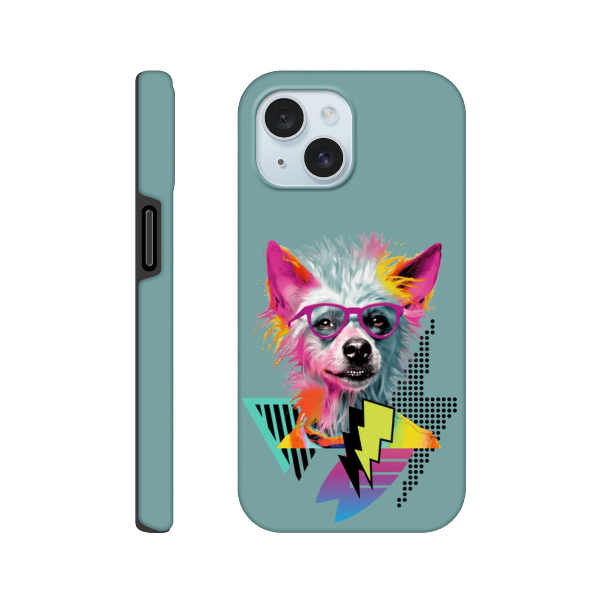 Tough iPhone case featuring a retro pop art dog with pink glasses and geometric lightning bolts on a teal background.