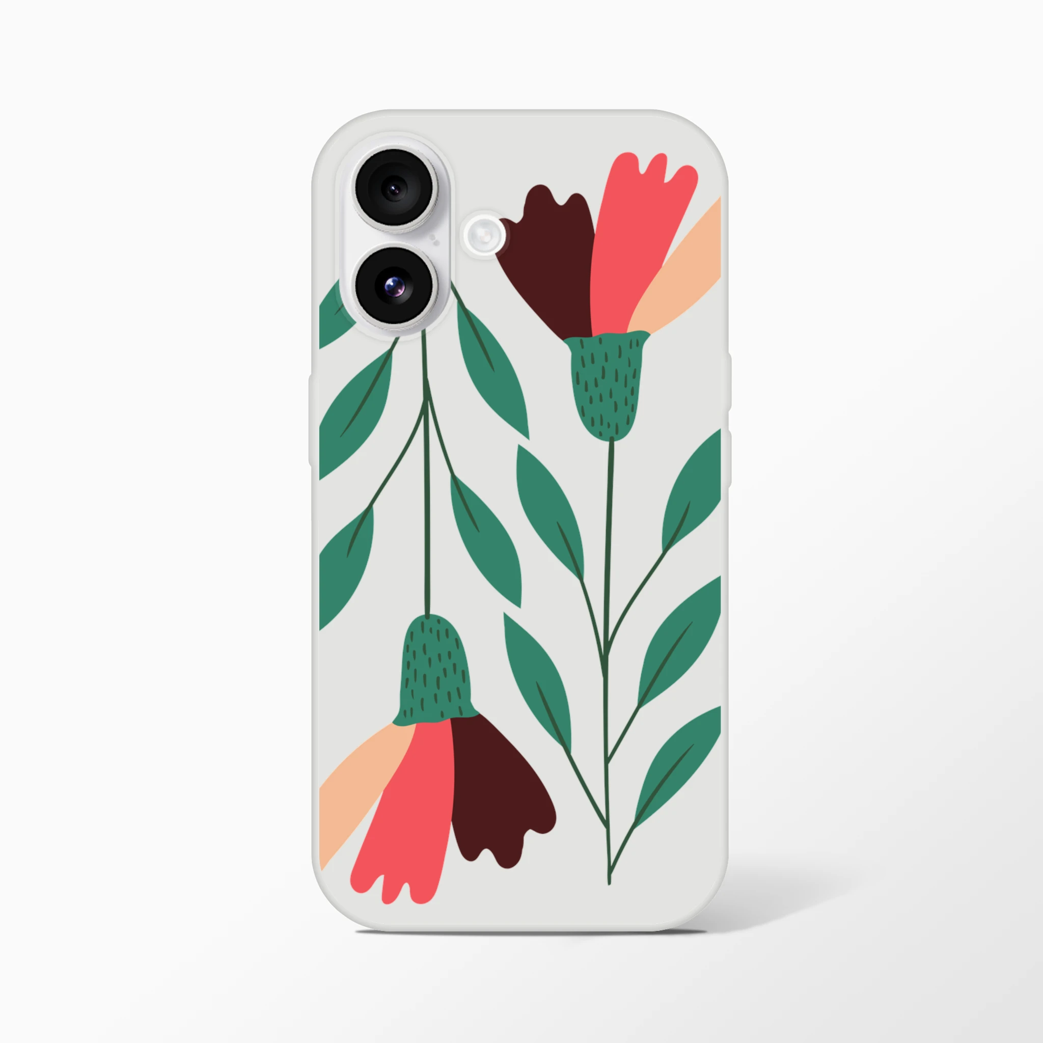 Floral phone case with green stems and abstract coral-pink flowers on frosty transparent cover for iPhone 13–16.