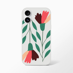 Floral phone case with green stems and abstract coral-pink flowers on frosty transparent cover for iPhone 13–16.