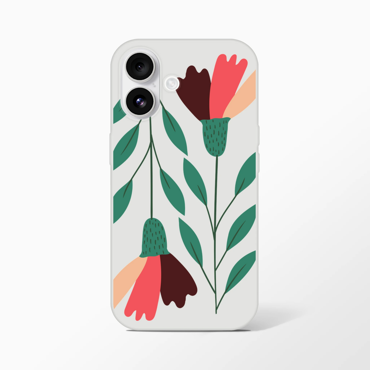 Floral phone case with green stems and abstract coral-pink flowers on frosty transparent cover for iPhone 13–16.